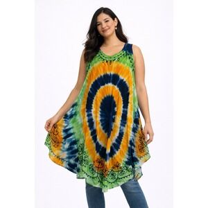 True Rock Tie Dye Dress Free Size Boho Hippie Rainbow Rayon Embroidered